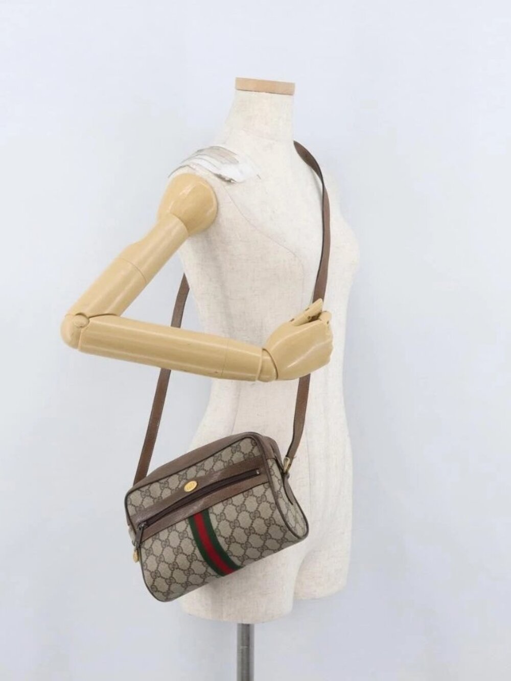 GUCCI GG Supreme Web Sherry Line Bag PVC Beige Gold 72 001 3654 Auth mr2030